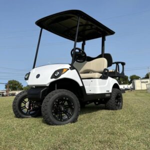 "2022 Yamaha DRIVE 2 EFI QuieTech Gas Golf Cart in sleek silver parked on a golf course."